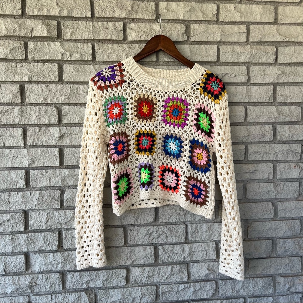 Luna Ivy | Anthro Cream Open Weaved Colorful Granny Square Top Size Small